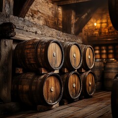 A stack of aged wooden beer barrels resting in a dimly lit cellar exuding an atmosphere of vintage perfection and rustic charm  high resolution   for isolate image