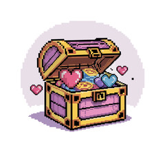 Open pixel chest, glowing heart coins, romantic loot theme, pastel game icon, adorable retro adventure sticker design