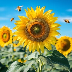 Close up view of a vibrant sunflower field with multiple bees flying around and pollinating the blooming flowers on a bright warm summer day under a clear blue sky  high resolution