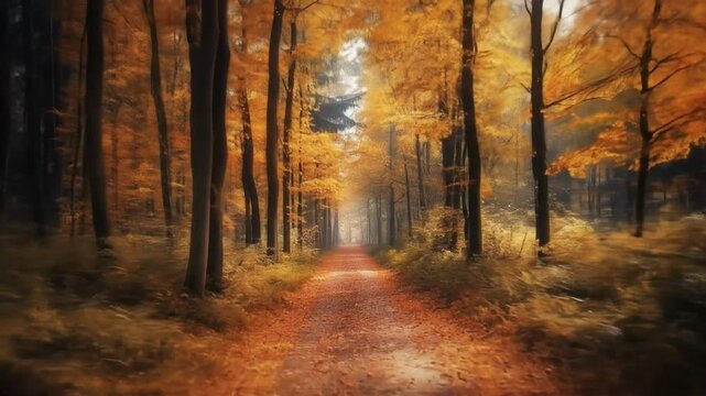 Autumn forest path with sunlight and colorful foliage landscape