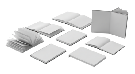Foto collection of blank white books and notebooks for mockup memperlihatkan detail mockup, paperback, group, guide,.