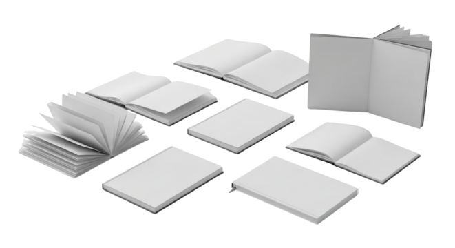Foto collection of blank white books and notebooks for mockup memperlihatkan detail mockup, paperback, group, guide,.