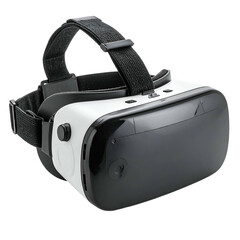 Black and white headset immerses user in virtual reality technology.