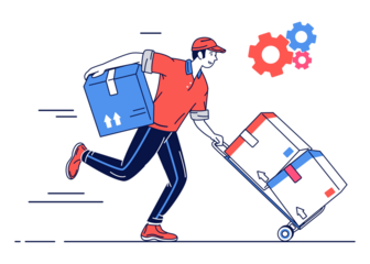 Dynamic Delivery Man Rushing With Packages And Hand Truck Featuring Orange And Blue Color Palette Against A Clean Transparent Background With Subtle Gear Accents