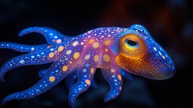 Vibrant Blue Octopus with Yellow Spots Underwater.