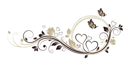 Vintage floral swirl with hearts and butterflies decoration.