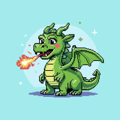cute pixel dragon spitting flame, cartoon fantasy mascot, retro arcade style, sky background, magical creature illustration vector