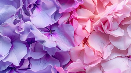 Delicate Soft Pink and Purple Flower Petals Arranged in Overlapping Layers—Showcasing Their Smooth Texture and Blended Hues, Creating a Romantic, Airy Scene Ideal for Floral, Decor, or Design Visuals.