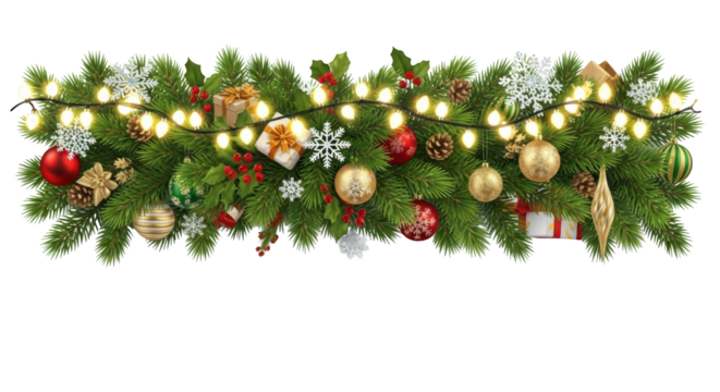 Visual festive christmas garland with lights and ornaments yang menonjolkan keindahan garland, foliage, holly, bauble, Christmas.