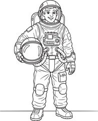 Obraz premium Young smiling astronaut in a full spacesuit holding his helmet a black and white line art illustration.