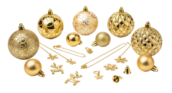 Foto golden christmas ornaments and decorations memperlihatkan detail festive ornaments, reindeer ornaments, christmas decorations, christmas tree,.