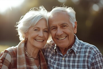 Happy senior couple smiling and sharing a nostalgic moment outdoors.