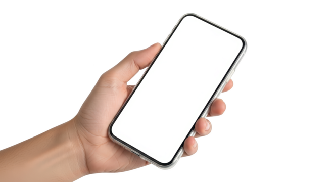 Ilustrasi hand holding blank smartphone screen menampilkan komposisi close-up, lifestyle, presentation, communication, modern dengan tampilan realistis.