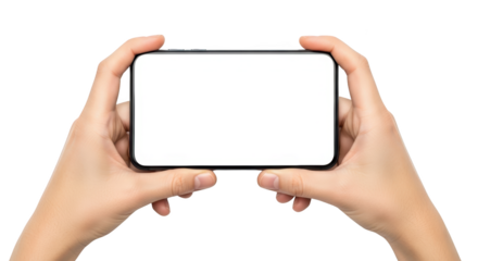 Mockup hands holding a smartphone horizontally with blank screen bergaya elegan dengan elemen technology, mobile, content,.