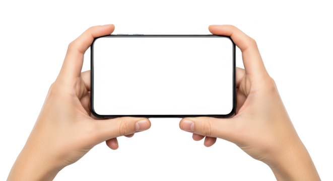 Mockup hands holding a smartphone horizontally with blank screen bergaya elegan dengan elemen technology, mobile, content,. - Powered by Adobe