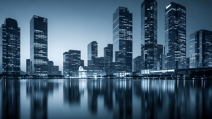 Azure Reflections Skyscrapers Illuminated At Dusk, Mirroring City Lights on the Water's Surface