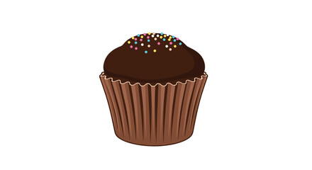 A delicious chocolate cupcake with colorful sprinkles on top in a brown wrapper.