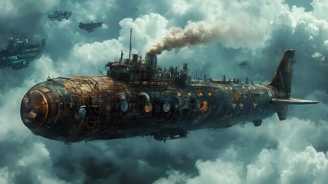Steampunk Airship Submarine Flying Through Clouds.