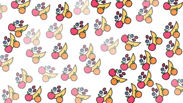 Colorful seamless fruit pattern with banana, apple, orange, and berries on white background. Perfect for kids' design, textile, packaging, summer themes, and healthy lifestyle concepts.