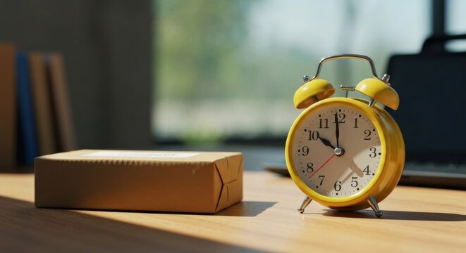 Package and yellow alarm clock on wood desk with open laptop in background