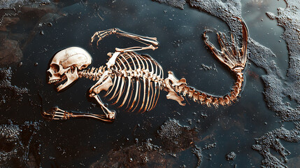 Naklejka premium Close up photograph of skeleton and tail floating in water, showcasing intricate details and textures, evokes sense of mystery and intrigue