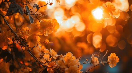 Warm Soft Sunset Light Gently Illuminates a Lush Canopy of Vibrant Orange Flowers—Highlighting Petal Details and Creating a Romantic, Golden-Hued Ambiance Ideal for Nature or Floral Visuals.