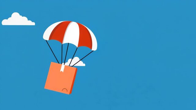 Cute Delivery Box Floating Down with Parachute in Blue Cartoon Sky Fast Air Shipping Concept