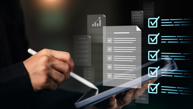 Digital document audit and checklist verification on tablet device. Concept of business management, compliance, and quality assurance for corporate process control and data accuracy improvement. - Powered by Adobe