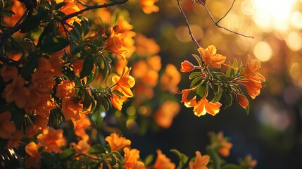 Warm Soft Sunset Light Gently Illuminates a Lush Canopy of Vibrant Orange Flowers—Highlighting Petal Details and Creating a Romantic, Golden-Hued Ambiance Ideal for Nature or Floral Visuals.