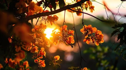 Warm Soft Sunset Light Gently Illuminates a Lush Canopy of Vibrant Orange Flowers—Highlighting Petal Details and Creating a Romantic, Golden-Hued Ambiance Ideal for Nature or Floral Visuals.