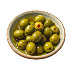 Green olives with pits swim in oil within a bowl.