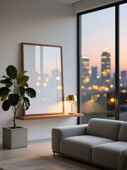 Mockup poster frame on modern wooden shelf in minimalist living room interior with gold lamp, gray sofa, and city view at sunset