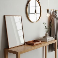 Mockup poster frame on modern wooden console table in minimalist Scandinavian interior with round mirror, pendant lamp, and cozy decorative elements
