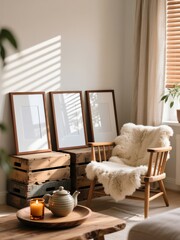 Three mockup poster frames in cozy Scandinavian interior with wooden furniture, soft natural light, and warm minimalist home decor