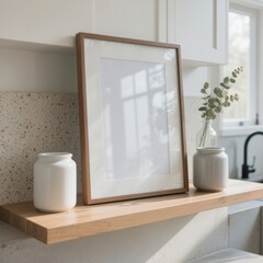 Mockup poster frame on wooden shelf in minimalist Scandinavian kitchen interior with ceramic vases and natural sunlight reflection