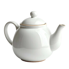 White ceramic teapot with lid and handle on black background.
