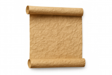 Old paper scroll representing history, knowledge and important documents, with wrinkled vintage brown texture, transparent background