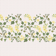 Pastel yellow floral pattern with green leafy vines on soft cream background, elegant natural botanical design, delicate vintage style for fabric, textile, wallpaper, and decorative surface art