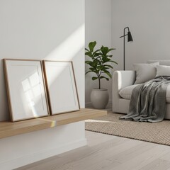 Two mockup poster frames in a modern minimalist living room interior with natural sunlight, cozy Scandinavian decor, and neutral color palette