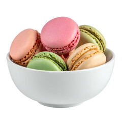 Colorful macarons in a white bowl against a black background.