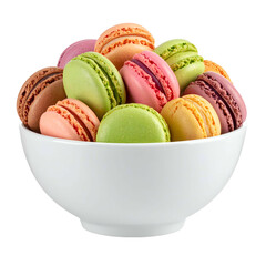 Colorful assorted macarons fill a white bowl against a black background.