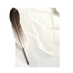 Feather quill rests on crumpled paper awaiting words to be written.