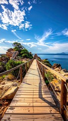 Obraz premium Wooden Pathway to the Sea - A Scenic Coastal Walkway.
