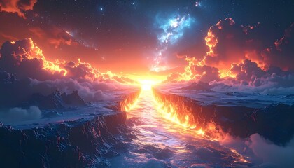 Fototapeta premium Vibrant Sunset Over Ocean with Fiery Clouds and Celestial Glow.