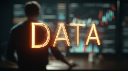 A focused individual analyzing data trends in a dark, modern office environment with vibrant charts in the background.