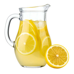 Refreshing pitcher of lemonade with lemon slices and ice.