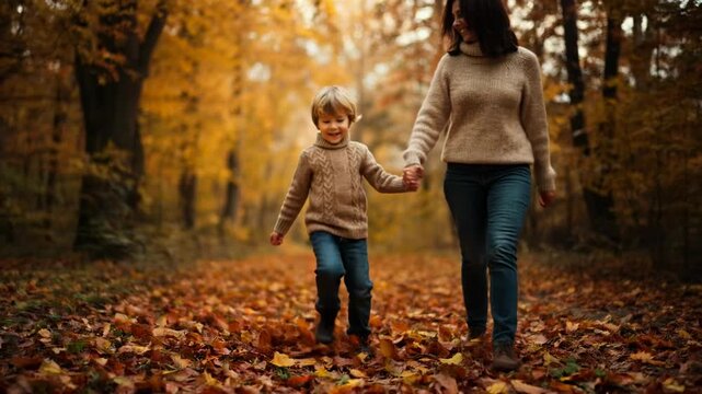 A mother and son walk hand-in-hand on a path covered in fallen autumn leaves, surrounded by trees with golden foliage. Warm sunlight filters through the trees.