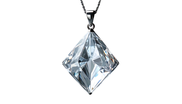 Sparkling diamond pendant on a silver chain against a black background