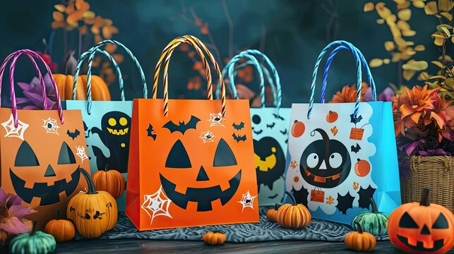 Halloween-themed gift bags with pumpkins and bats on a dark, autumnal background.