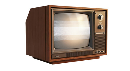 Ilustrasi retro wooden television set showing static noise on the screen isolated on a white background.
